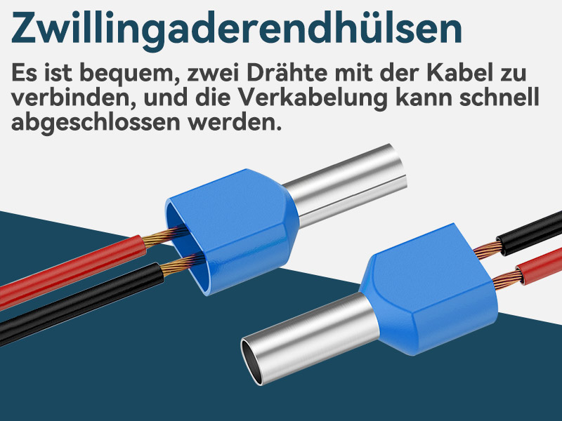 Offene Sortimentsbox mit 750 isolierten Zwillingsaderendhülsen von Lytool in acht Farben, davor eine Reihe einzelner Doppelhülsen – Detail 7