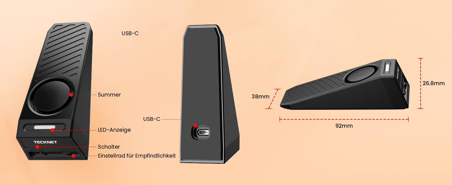Zwei schwarze TECKNET Türstopper-Alarme mit geriffelter Keiloberseite und USB-C-Ladekabel – Detail 6