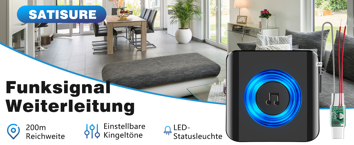 Schwarzer Steckdosen-Empfänger mit blau beleuchtetem Ring und Euro-Stecker, daneben der kleine Funkkonverter mit Antenne und rot-weissen Anschlussdrähten – Detail 1