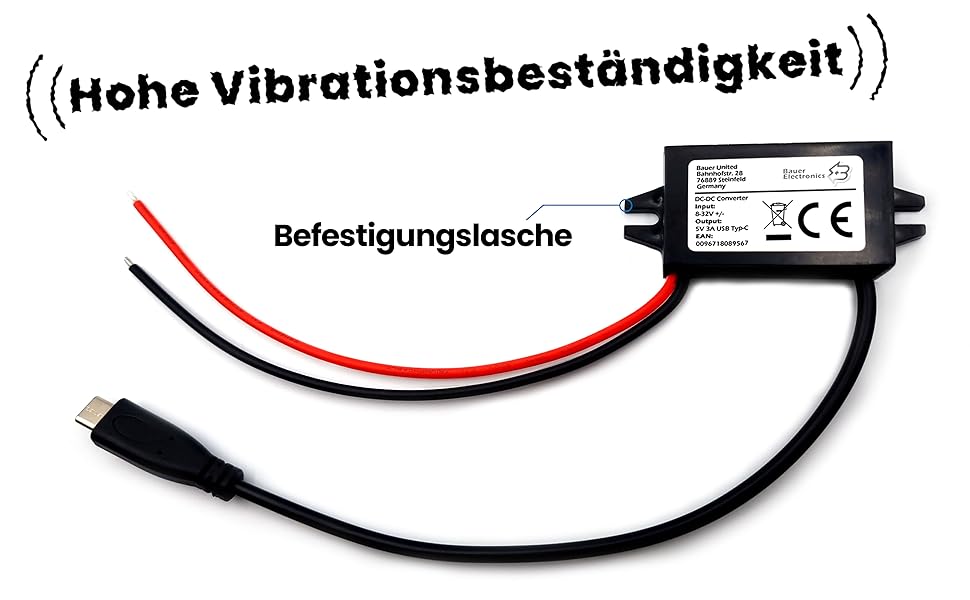 Schwarzer DC/DC-Spannungswandler von Bauer Electronics mit roter und schwarzer Anschlussleitung und USB-C-Stecker am Ausgangskabel – Detail 3