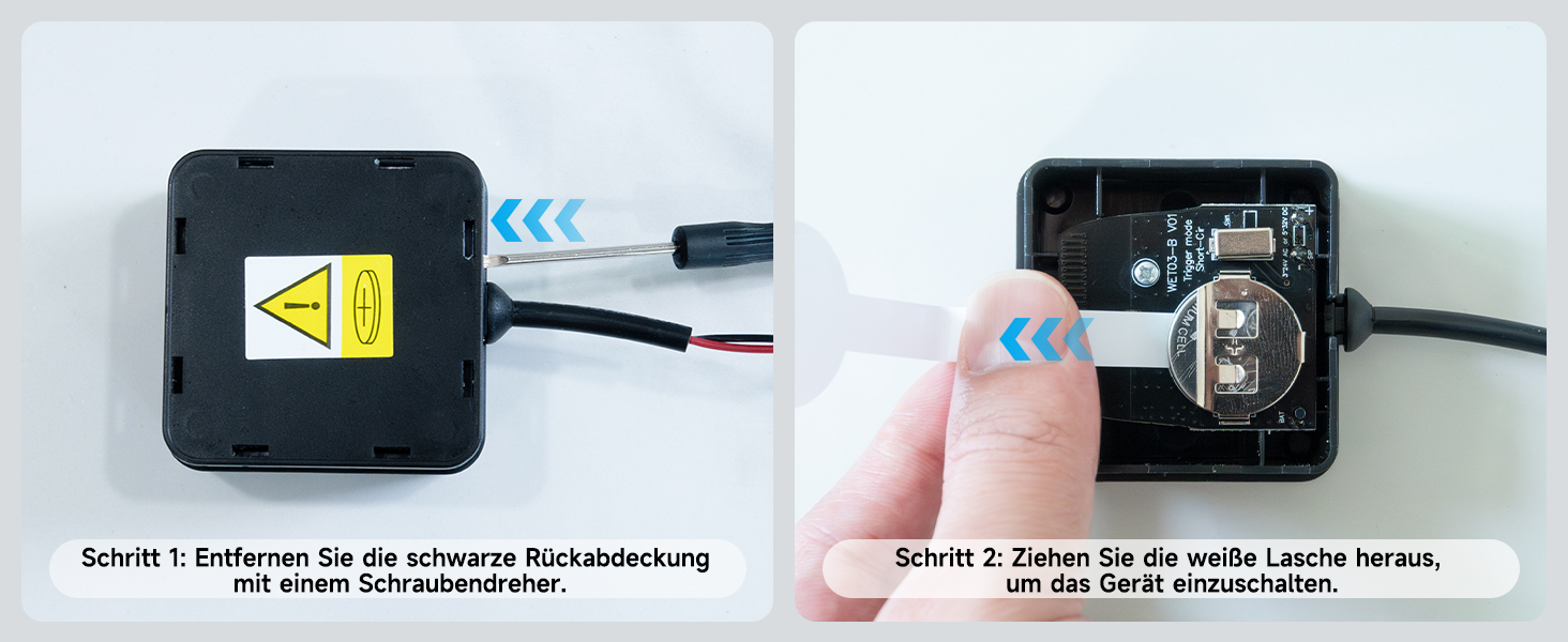 Schwarzer PHYSEN Steckdosen-Empfänger mit blau leuchtendem Ring und der zugehörige Funksender mit Anschlussleitung – Detail 5