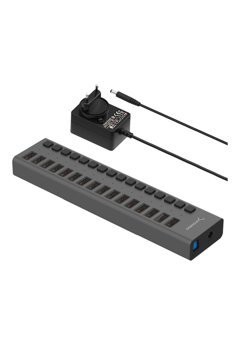 Schwarzer SABRENT USB-Hub mit vier USB-A-Anschlüssen, einzelnen Schaltern und blau markierten Ports. – Detail 7