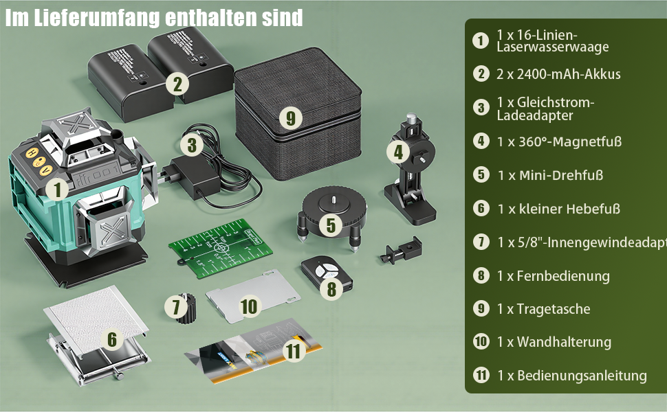 Grün-schwarzer Kreuzlinienlaser mit vier Austrittsfenstern auf Drehsockel, daneben Hartschalenkoffer, zwei Wechselakkus, Fernbedienung, Magnethalter und Mini-Stativ – Detail 7