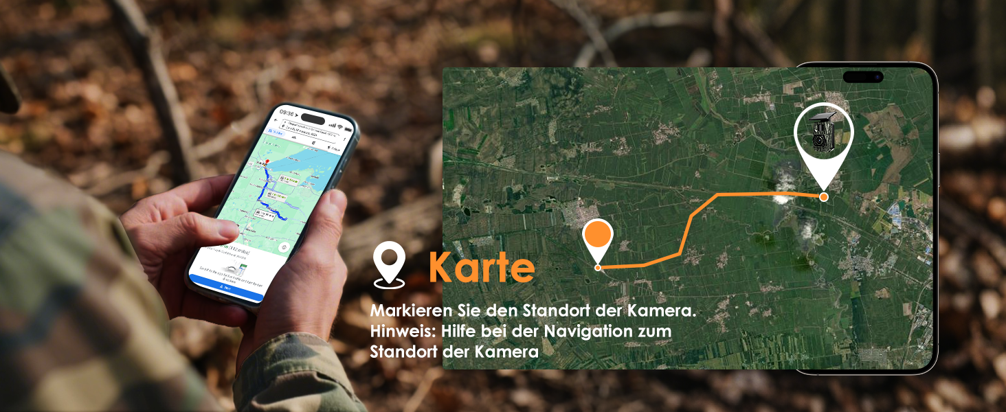 Solar-Wildkamera MAXDONE PH970S mit aufgesetztem Solarpanel, Objektiv und Infrarot-LEDs, Gehäuse im Tarnmuster – Detail 3