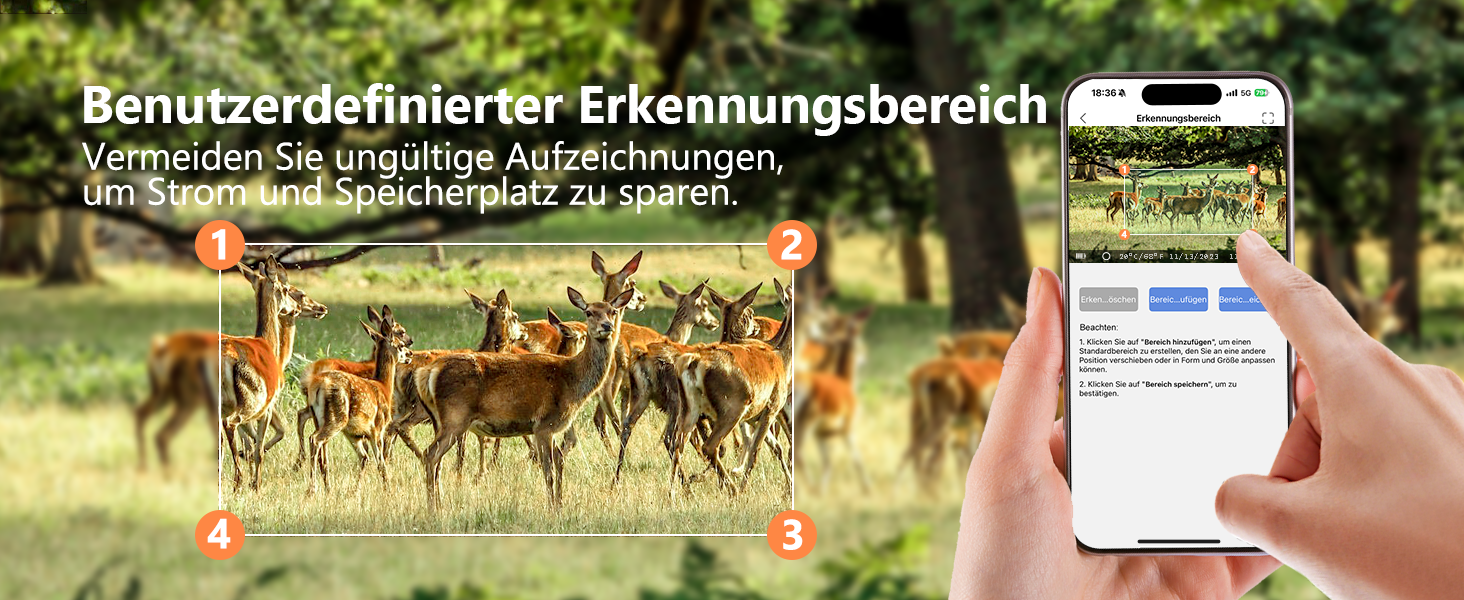 Wildkamera MAXDONE PH960W im Tarnmuster mit Objektiv, Infrarot-LEDs und Bewegungssensor an der Front – Detail 5