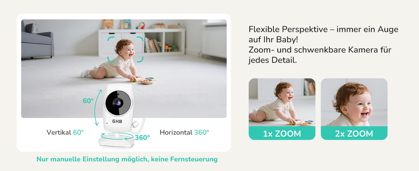Weisses GHB Babyphone MC632B mit 3,2-Zoll-Monitor und separater Kamera auf Standfuss – Detail 7
