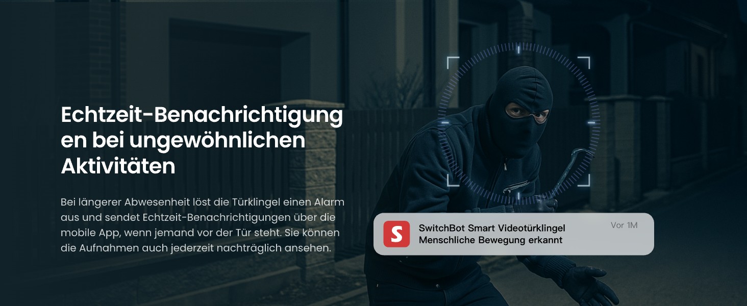 Silberne SwitchBot Video-Türklingel mit runder Weitwinkellinse, weisser 4,3-Zoll-Innenmonitor mit Standfuss und schwarzes Solarpanel auf schwenkbarem weissem Montagearm mit USB-C-Kabel – Detail 6