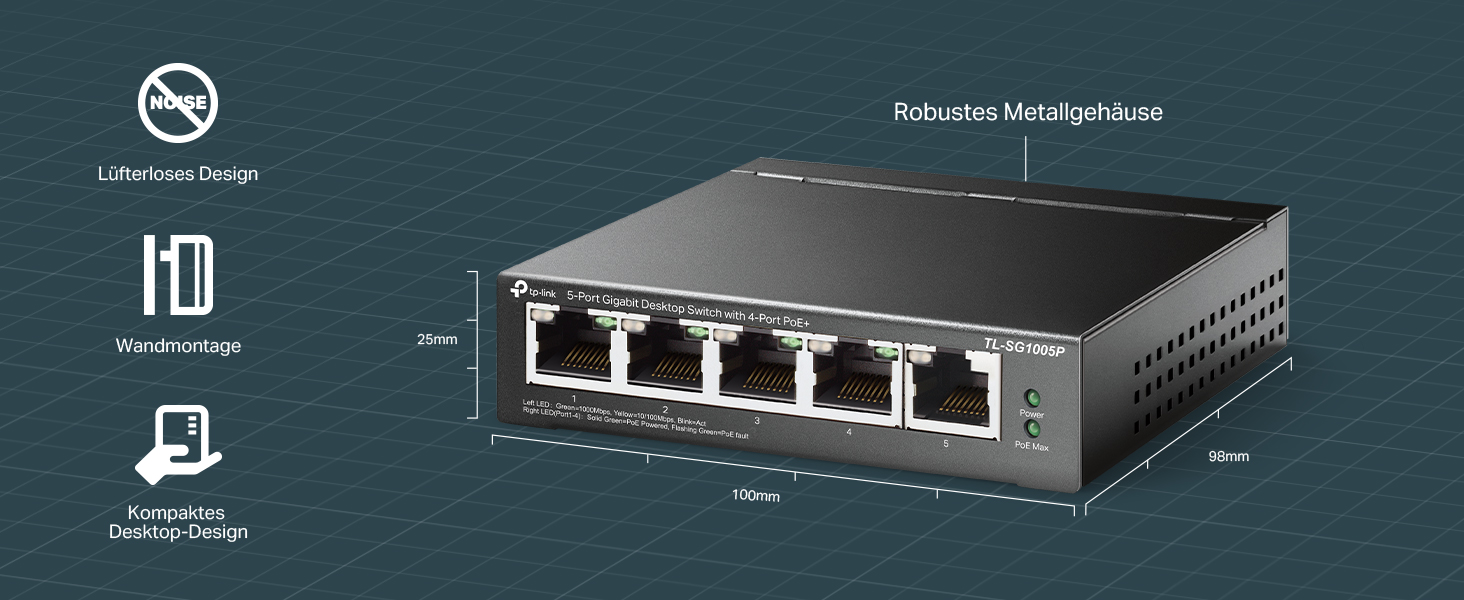 Schwarzer TP-Link TL-SG1005P PoE-Switch im Metallgehäuse mit fünf RJ45-Buchsen an der Front – Detail 8