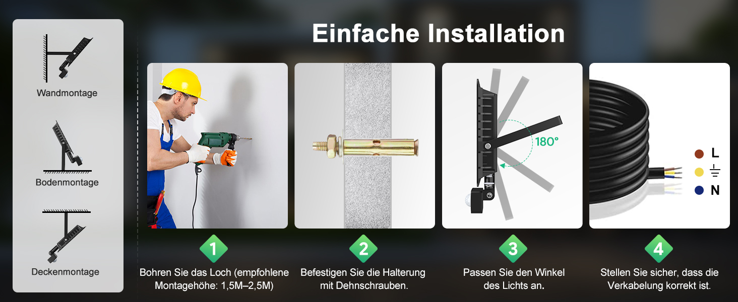 Schwarzer LED-Flutlichtstrahler Tailcas mit PIR-Bewegungsmelder, Montagebügel und Fernbedienung – Detail 7