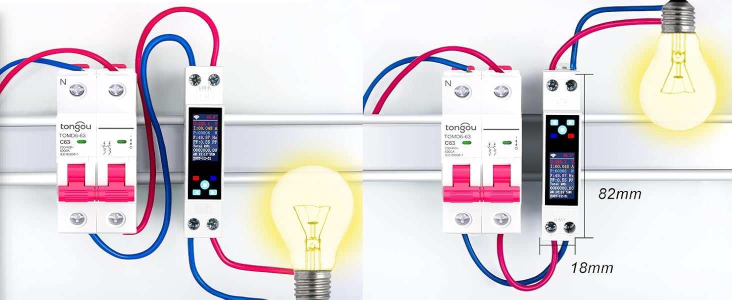 Schmaler weisser Hutschienen-Stromzähler TONGOU TO-Q-SYS-JWT mit farbigem Display, Schaltwippe und Schraubklemmen für Phase und Neutralleiter – Detail 6