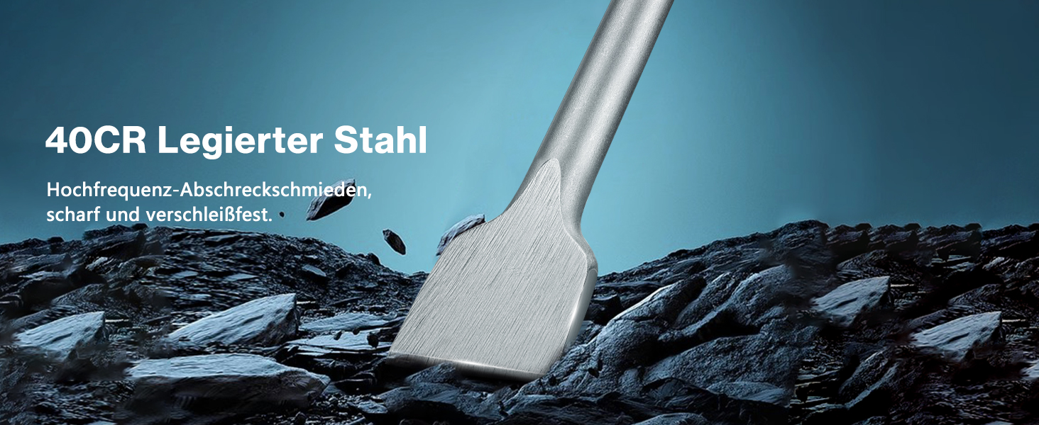 Zwei blanke Flachmeissel von Lytool mit SDS-plus-Schaft, einer mit 100 mm breiter und einer mit 40 mm breiter Schneide – Detail 3