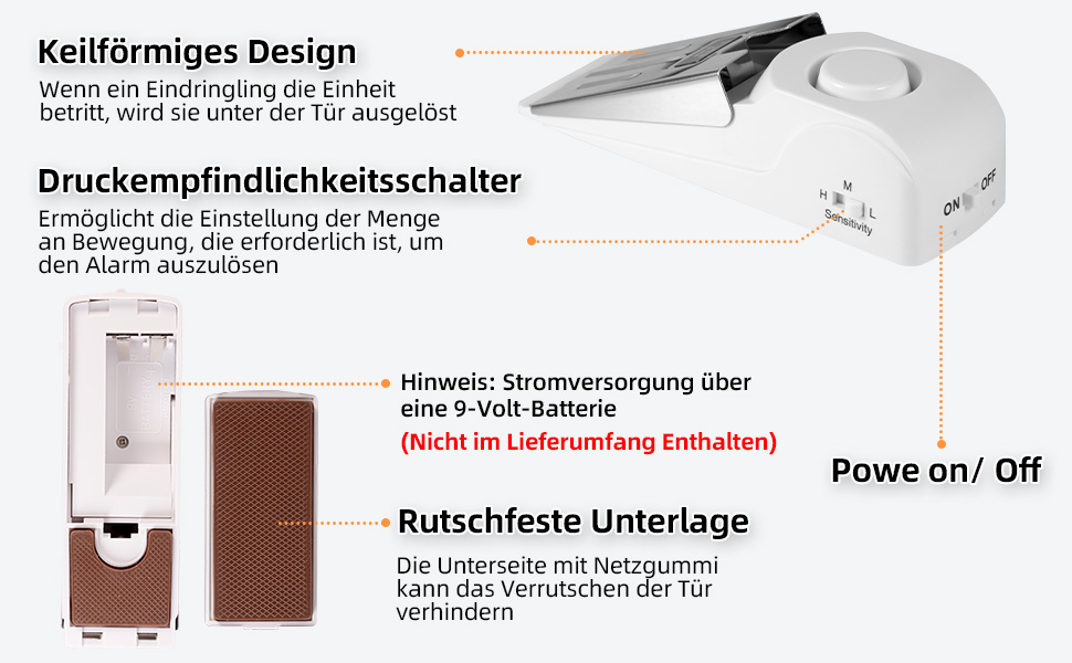Drei weisse Türstopper-Alarme mit Edelstahlabdeckung, Empfindlichkeitsschalter und Ein-Aus-Schalter – Detail 3