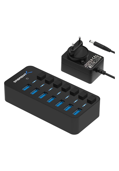 Schwarzer SABRENT USB-Hub mit vier USB-A-Anschlüssen, einzelnen Schaltern und blau markierten Ports. – Detail 8