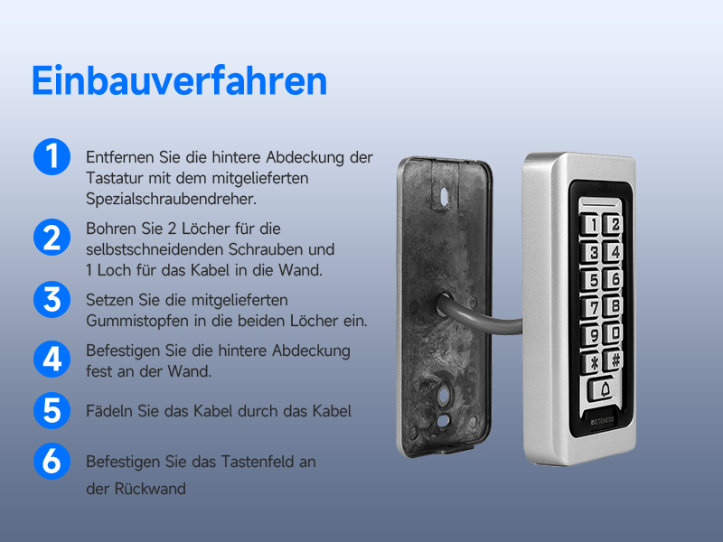 Retekess T-AC03 Codeschloss in Silber aus Zinklegierung mit blau beleuchteter Zifferntastatur, Klingeltaste und zehn blauen RFID-Schlüsselanhängern – Detail 8