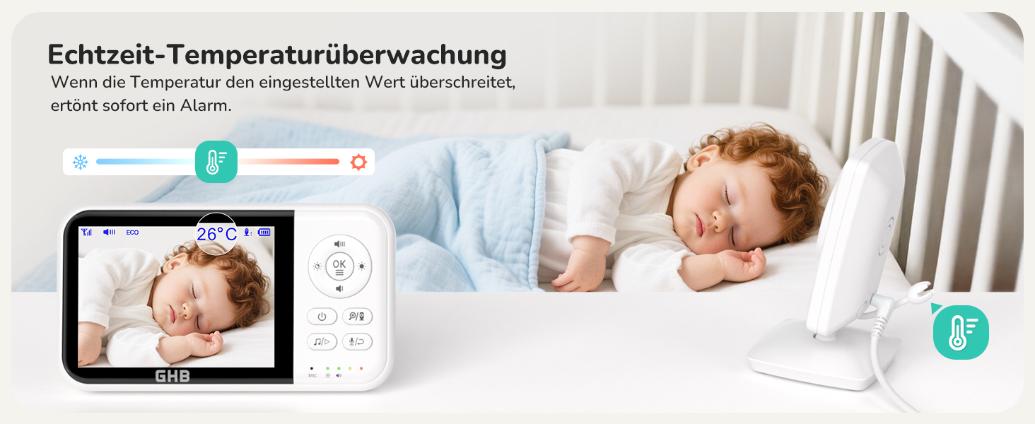 Weisses GHB Babyphone MC632B mit 3,2-Zoll-Monitor und separater Kamera auf Standfuss – Detail 8