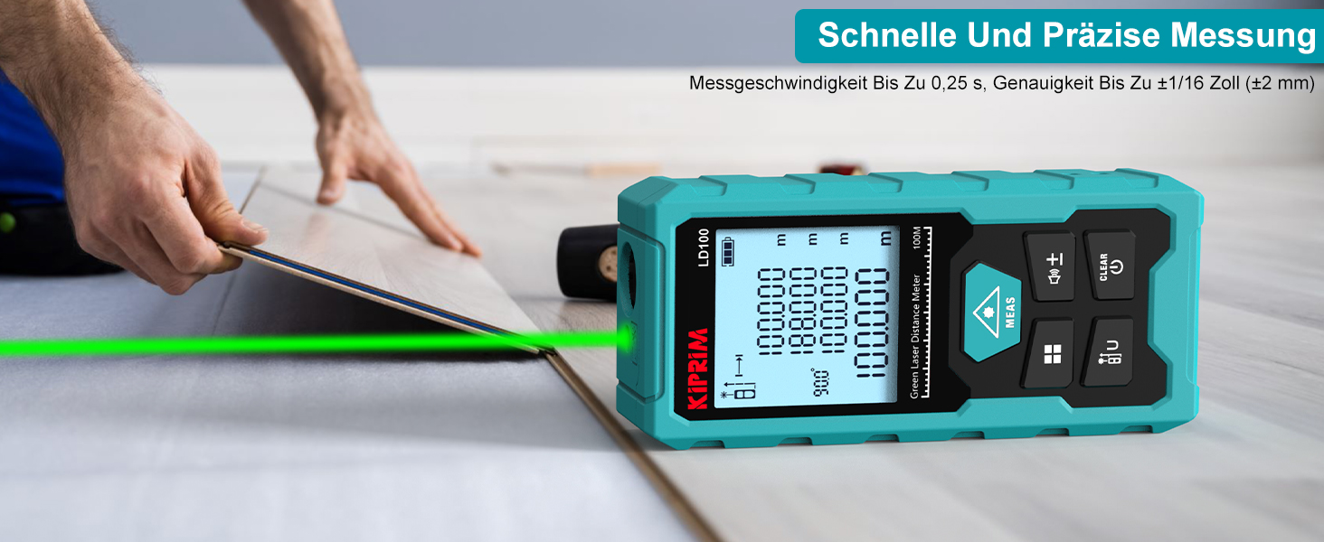 Türkisfarbener Kiprim LD100 Laser-Entfernungsmesser mit grossem LC-Display, grünem Laserstrahl und USB-C-Ladekabel – Detail 9