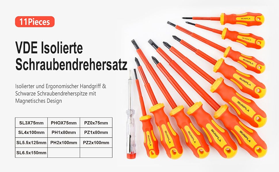 Elfteiliges Schraubendreher-Set Gunpla mit rot-gelben isolierten Griffen, Schlitz-, Kreuzschlitz- und Pozidriv-Klingen sowie Spannungsprüfer – Detail 2