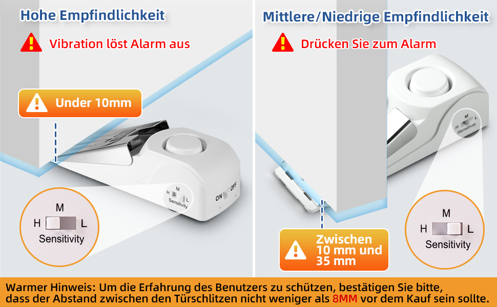 Drei weisse Türstopper-Alarme mit Edelstahlabdeckung, Empfindlichkeitsschalter und Ein-Aus-Schalter – Detail 4