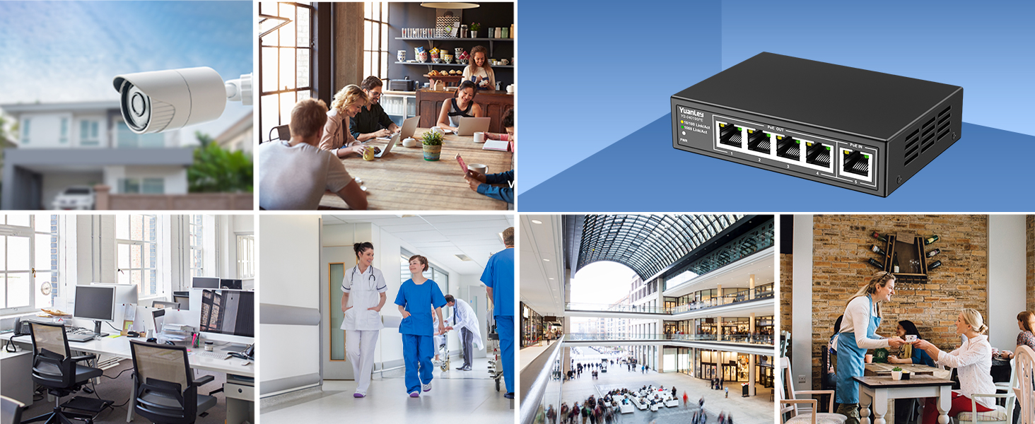 Schwarzer PoE-Extender YuanLey YS-040190PE im Metallgehäuse mit fünf RJ45-Ports und LED-Anzeigen – Detail 5