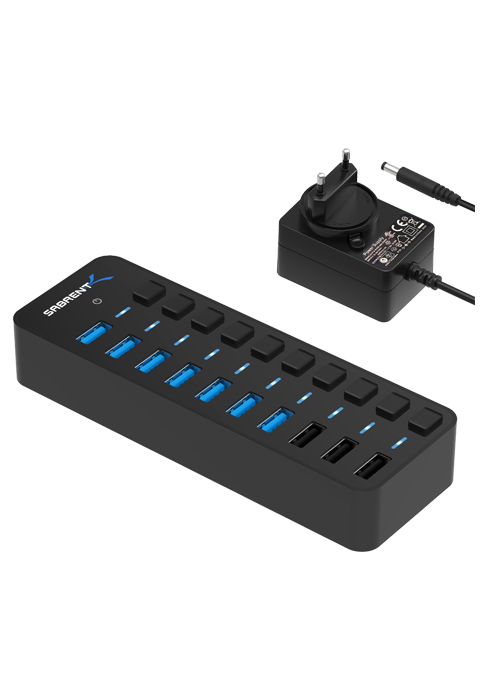 Schwarzer SABRENT USB-Hub mit vier USB-A-Anschlüssen, einzelnen Schaltern und blau markierten Ports. – Detail 9