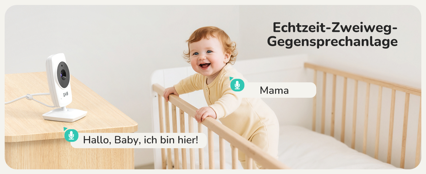 Weisses GHB Babyphone MC632B mit 3,2-Zoll-Monitor und separater Kamera auf Standfuss – Detail 9