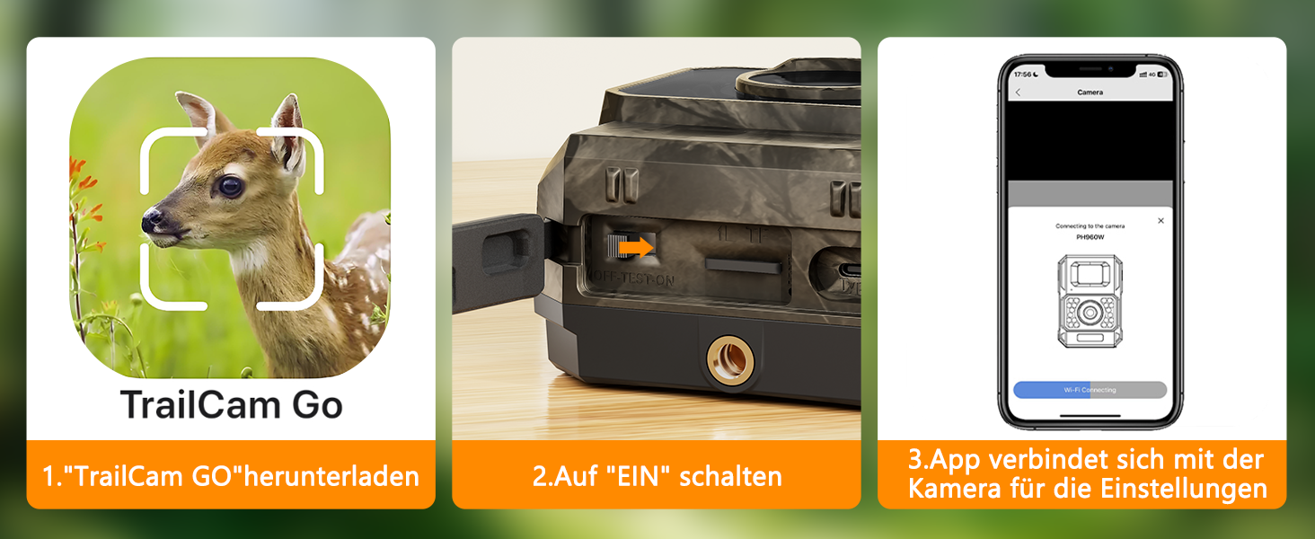 Wildkamera MAXDONE PH960W im Tarnmuster mit Objektiv, Infrarot-LEDs und Bewegungssensor an der Front – Detail 7