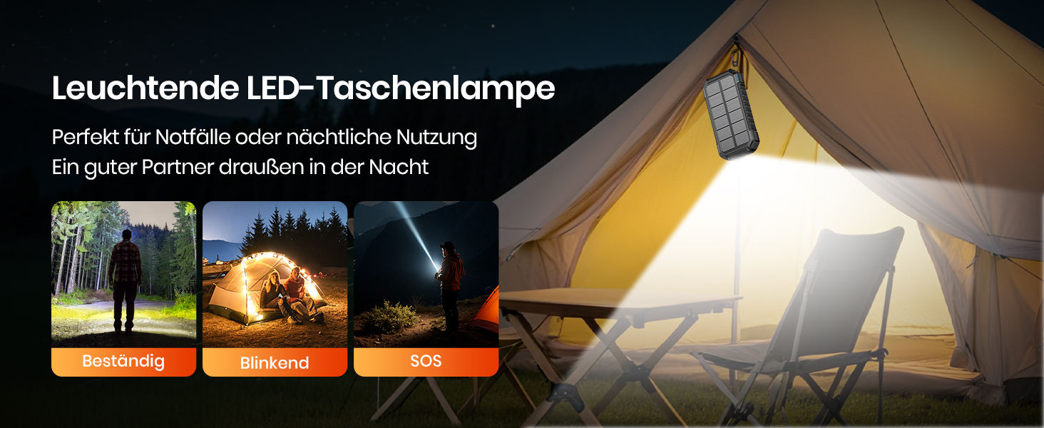 Schwarze A ADDTOP Solar-Powerbank mit ausklappbaren Solarpanels, USB-Anschlüssen und integrierter LED-Leuchte. – Detail 10