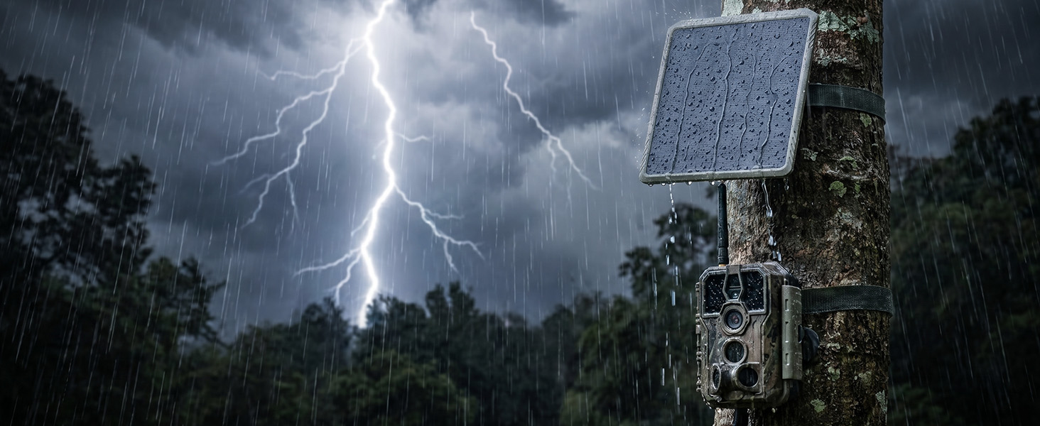 Wildkamera GardePro E8 im Tarnmuster mit Antenne, daneben ein Smartphone mit dem Livebild der Kamera – Detail 10
