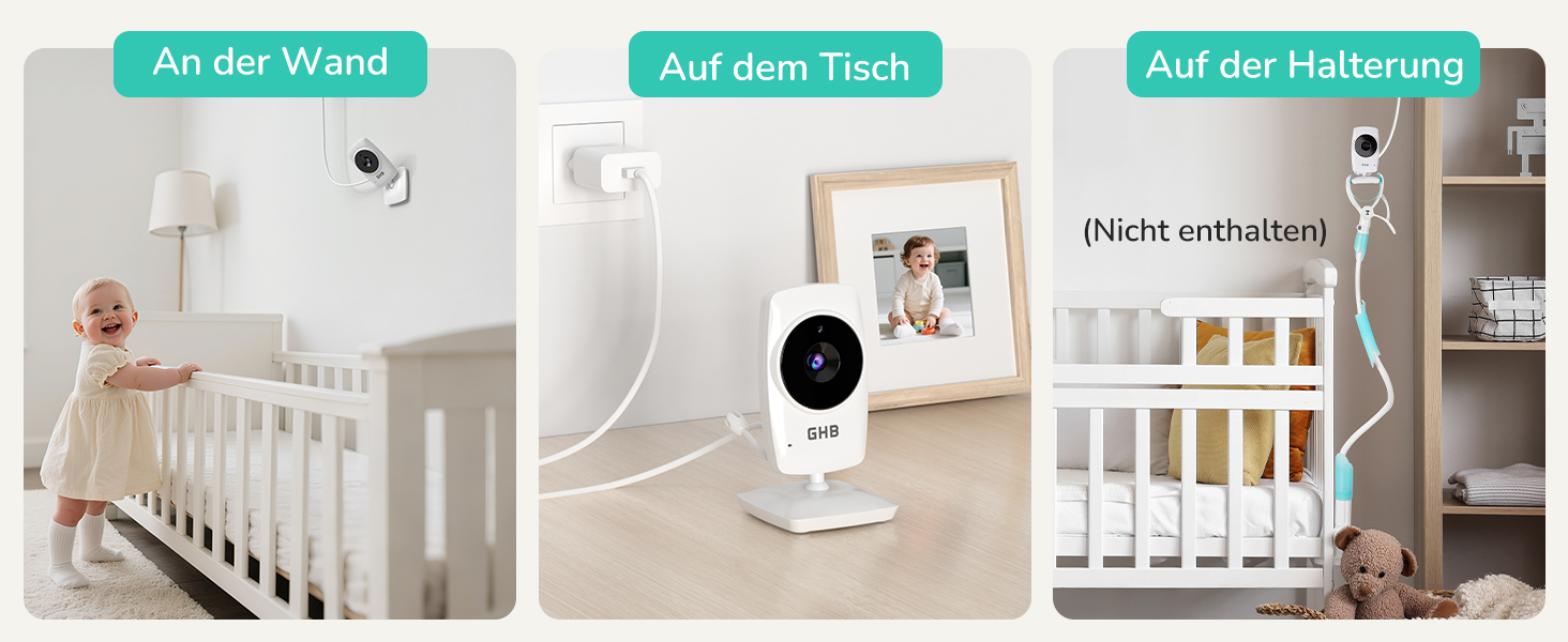 Weisses GHB Babyphone MC632B mit 3,2-Zoll-Monitor und separater Kamera auf Standfuss – Detail 11