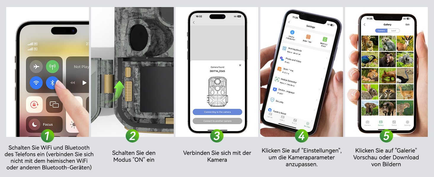 Wildkamera DEATTI DET-T4 im Tarnmuster mit Objektiv, Bewegungssensor und Infrarot-LEDs, daneben acht AA-Batterien – Detail 9