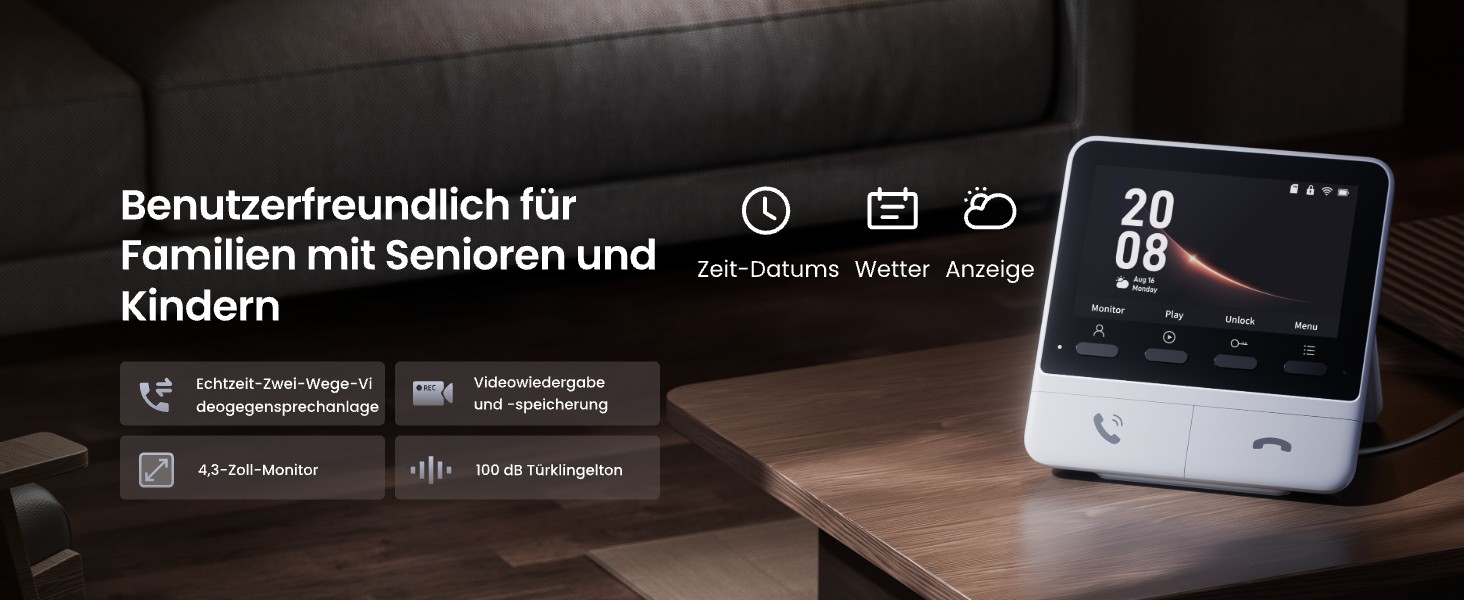 Graue SwitchBot Video-Türklingel mit runder Kameralinse und weisser 4,3-Zoll-Innenmonitor mit Standfuss – Detail 11