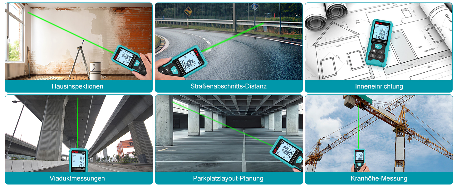 Türkisfarbener Kiprim LD100 Laser-Entfernungsmesser mit grossem LC-Display, grünem Laserstrahl und USB-C-Ladekabel – Detail 12
