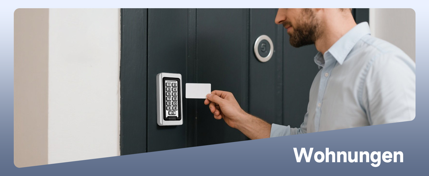 Retekess T-AC03 Codeschloss in Silber aus Zinklegierung mit blau beleuchteter Zifferntastatur, Klingeltaste und zehn blauen RFID-Schlüsselanhängern – Detail 9
