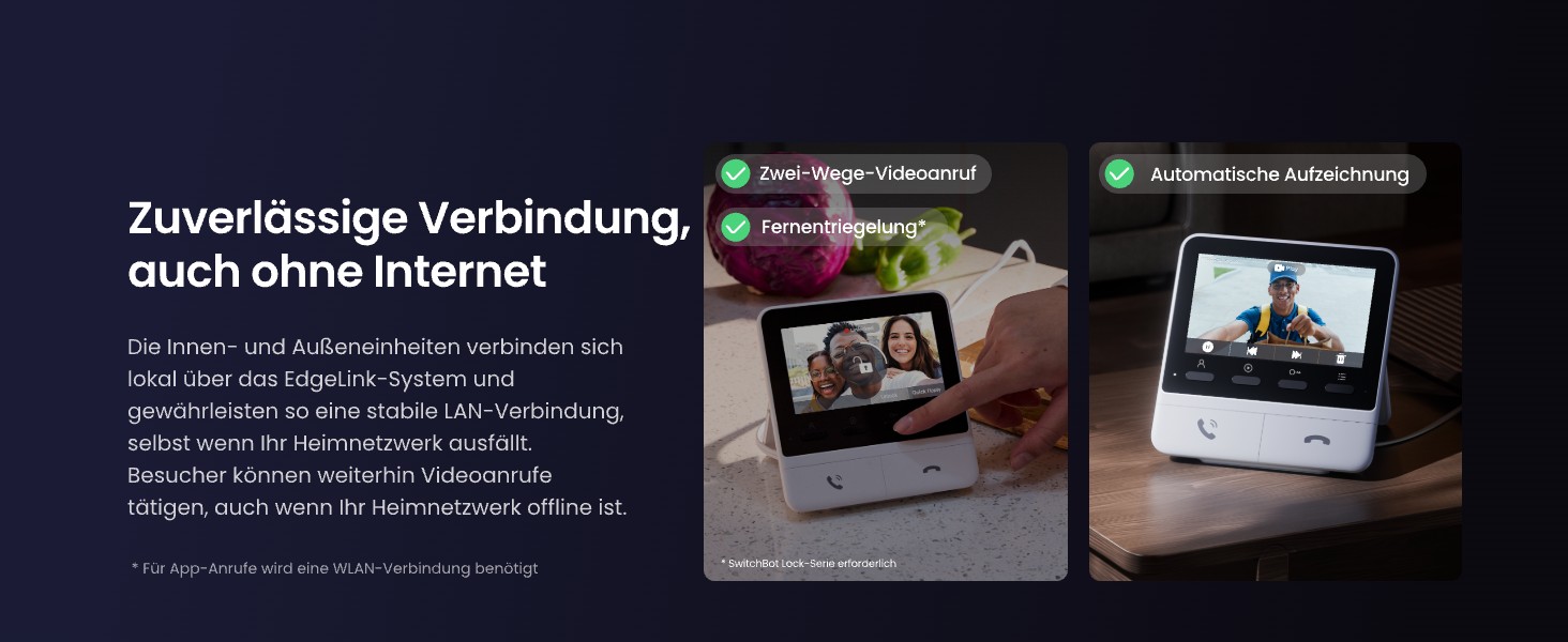 Silberne SwitchBot Video-Türklingel mit runder Weitwinkellinse, weisser 4,3-Zoll-Innenmonitor mit Standfuss und schwarzes Solarpanel auf schwenkbarem weissem Montagearm mit USB-C-Kabel – Detail 13