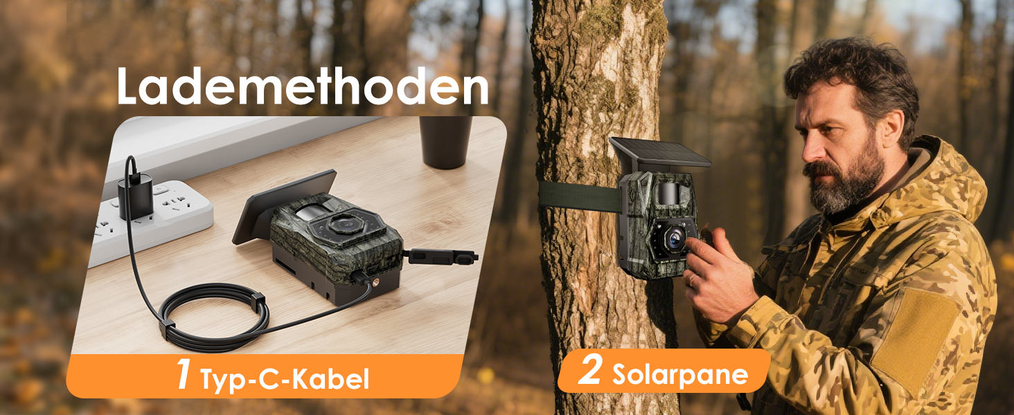 Solar-Wildkamera MAXDONE PH970S mit aufgesetztem Solarpanel, Objektiv und Infrarot-LEDs, Gehäuse im Tarnmuster – Detail 9
