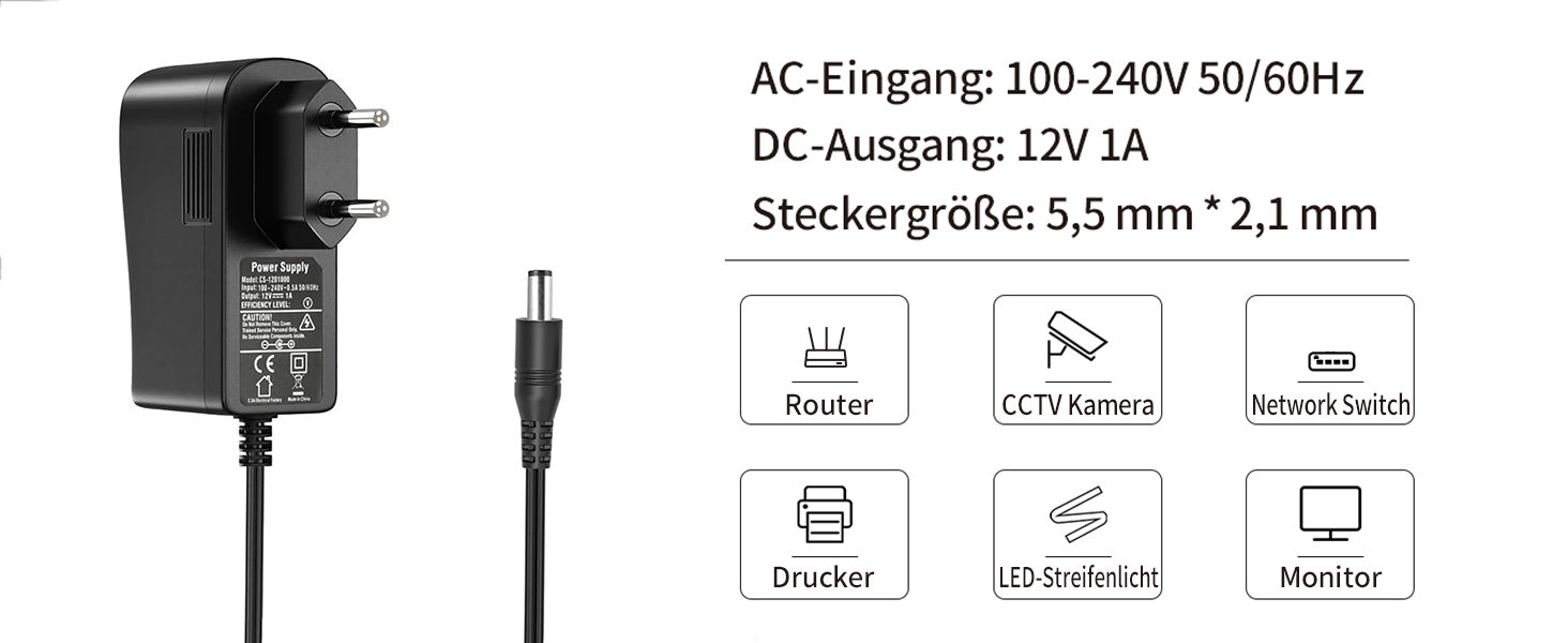 Tonton 12-V-Netzteil 1 A mit 5,5 × 2,1-mm-Hohlstecker – Detail 2