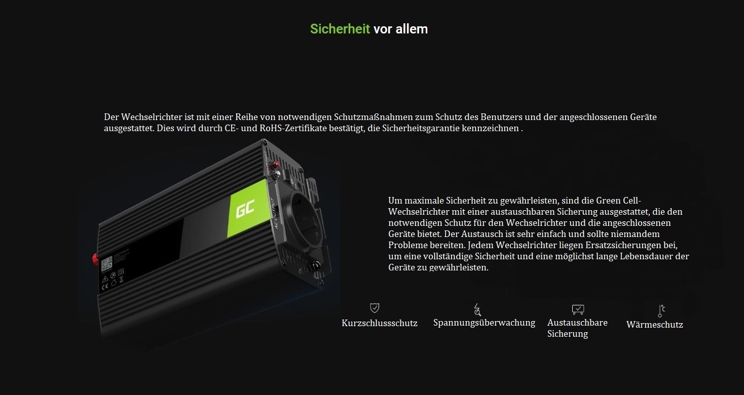 Green Cell Wechselrichter 12 V auf 230 V reiner Sinus 500 W / 1000 W – Detail 3