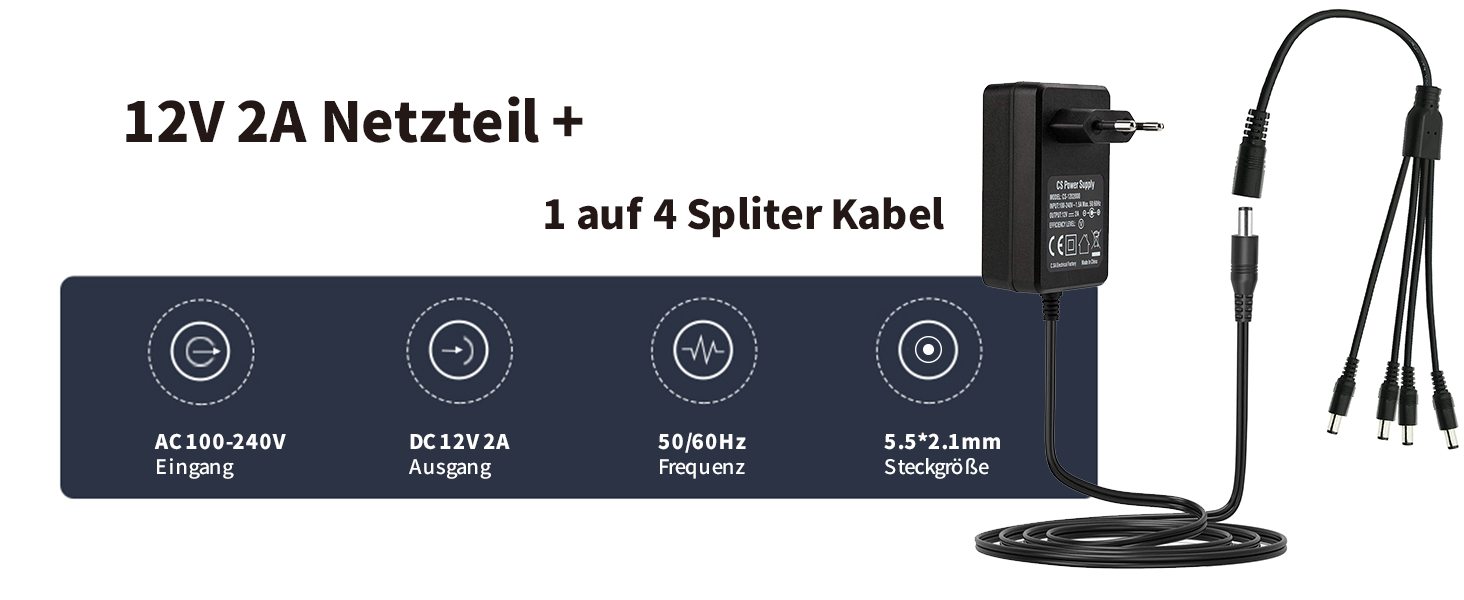 TONTON Netzteil 12 V 2 A für Überwachungskameras, inkl. 1-auf-4-Splitter – Detail 1