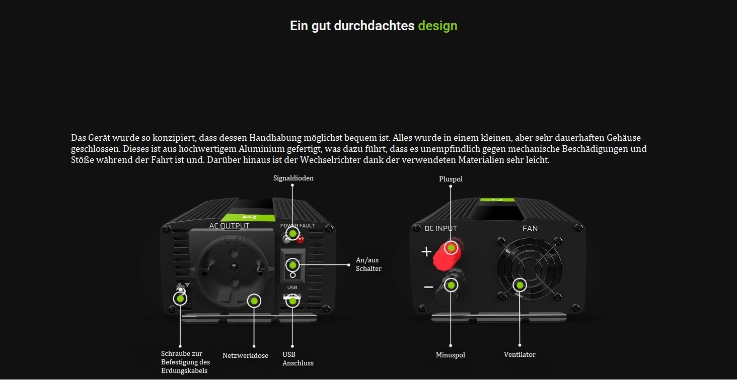 Green Cell Wechselrichter 12 V auf 230 V reiner Sinus 500 W / 1000 W – Detail 2
