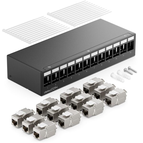 deleyCON MK6304 Patchpanel CAT7 mit RJ45-Keystone-Modulen, schwarz, Ausführung 12 Port