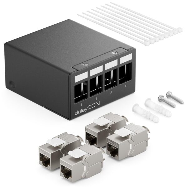 deleyCON MK6304 Patchpanel CAT7 mit RJ45-Keystone-Modulen, schwarz, Ausführung 4 Port