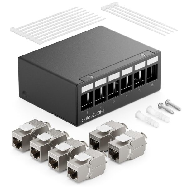 deleyCON MK6304 Patchpanel CAT7 mit RJ45-Keystone-Modulen, schwarz, Ausführung 6 Port