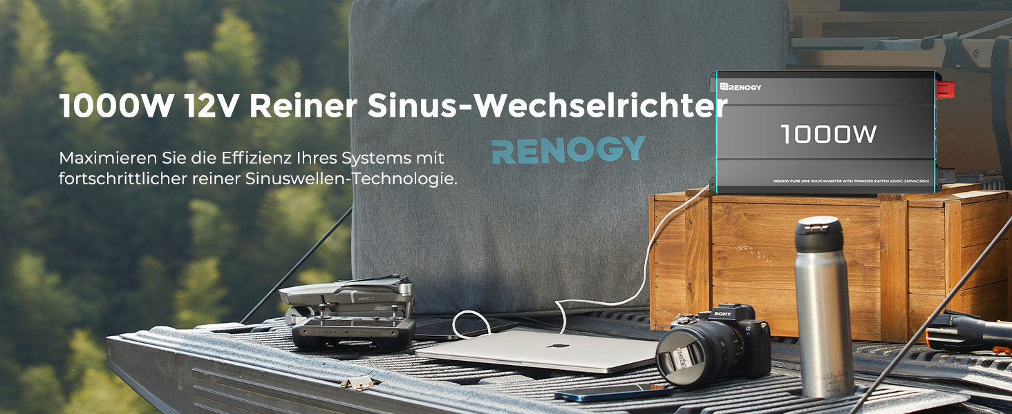 Renogy 1000 W Wechselrichter 12 V auf 230 V reiner Sinus mit Netzvorrangschaltung – Detail 1