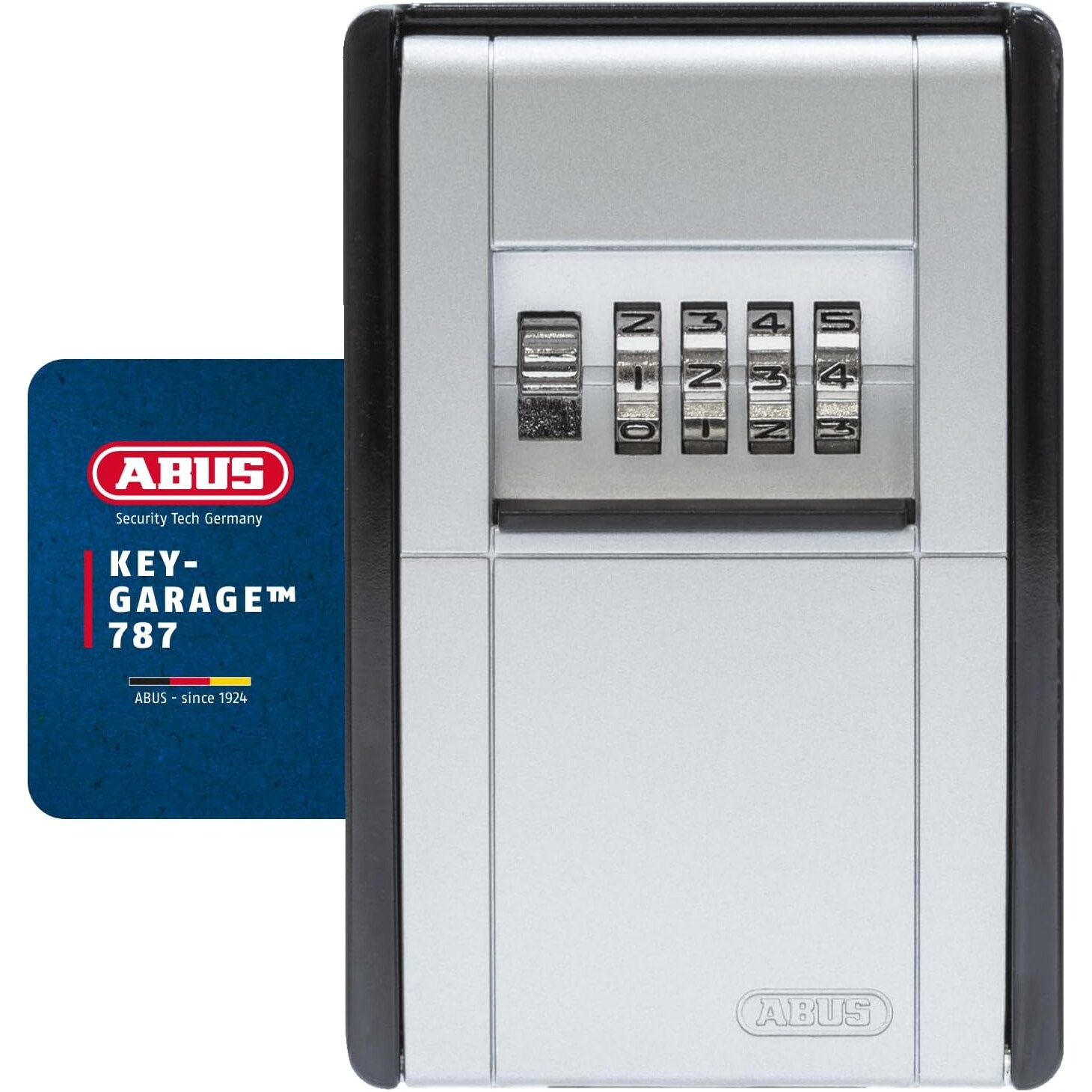 ABUS KeyGarage 787 Schlüsseltresor mit 4-stelligem Zahlencode für 20 Schlüssel – Ansicht 1 Silberner Schlüsseltresor ABUS KeyGarage 787 mit vier schwarzen Zahlenrädern und schwarzer Schiebeblende zur Wandmontage