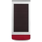 Weisse Homematic IP Aussensirene mit Solarzelle auf der Front und rotem Signalfeld am Fuss