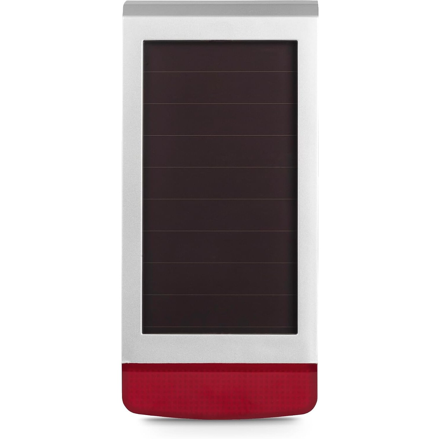 Homematic IP HmIP-ASIR-O Alarmsirene für aussen, 100 dB, mit Solarzelle – Ansicht 1 Weisse Homematic IP Aussensirene mit Solarzelle auf der Front und rotem Signalfeld am Fuss