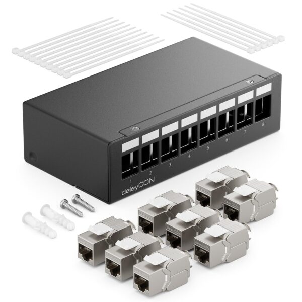 Schwarzes deleyCON Patchpanel mit acht RJ45-Keystone-Modulen aus Metall und Kabelbindern