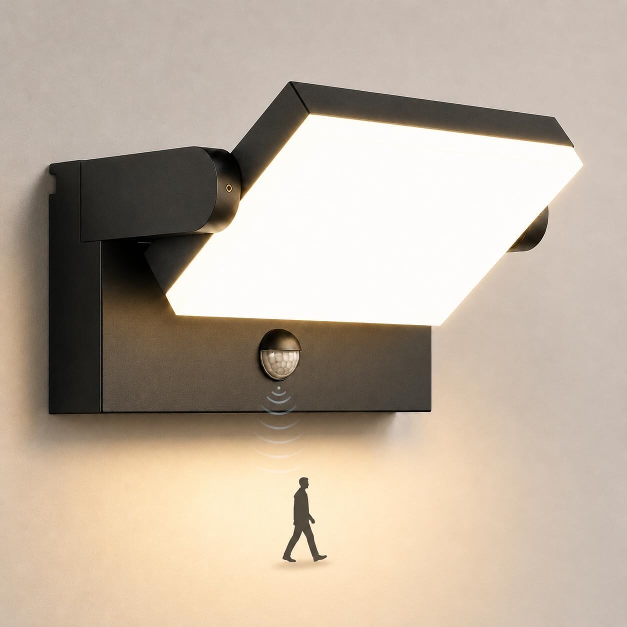 ledmo KW1383 LED-Aussenwandleuchte mit Bewegungsmelder 60 W, 5000 lm, 3000 K – Ansicht 1 Schwarze rechteckige LED-Aussenwandleuchte ledmo mit schwenkbarem Panel und Bewegungsmelder