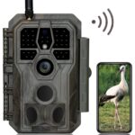 Wildkamera GardePro E8 im Tarnmuster mit Antenne, daneben ein Smartphone mit dem Livebild der Kamera