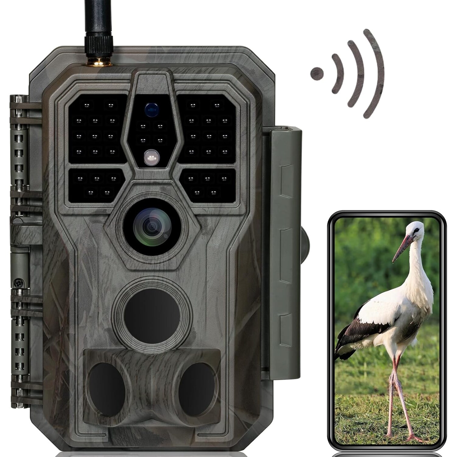 GardePro E8 Wildkamera mit WLAN, 64 MP, 1296p, 30 m Nachtsicht – Ansicht 1 Wildkamera GardePro E8 im Tarnmuster mit Antenne, daneben ein Smartphone mit dem Livebild der Kamera